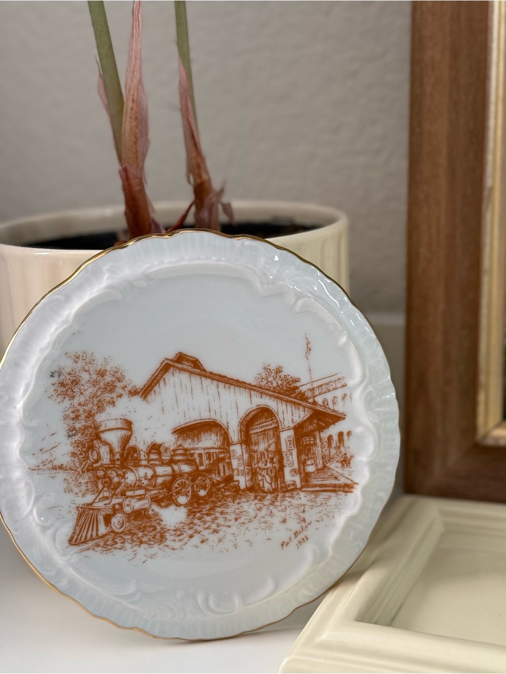 Vintage 1981 Pat Baker White Plate with Brown Train Illustration and Gold Trim